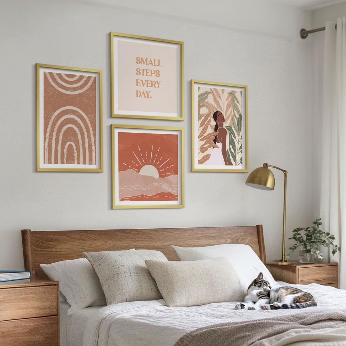 BILDER SET 4er Set - 50x50 cm & 40x60 cm Goldrahmen - abstrakte Formen im Boho-Stil - Goldfarben, Kunststoff (50/50cm) - TULUP