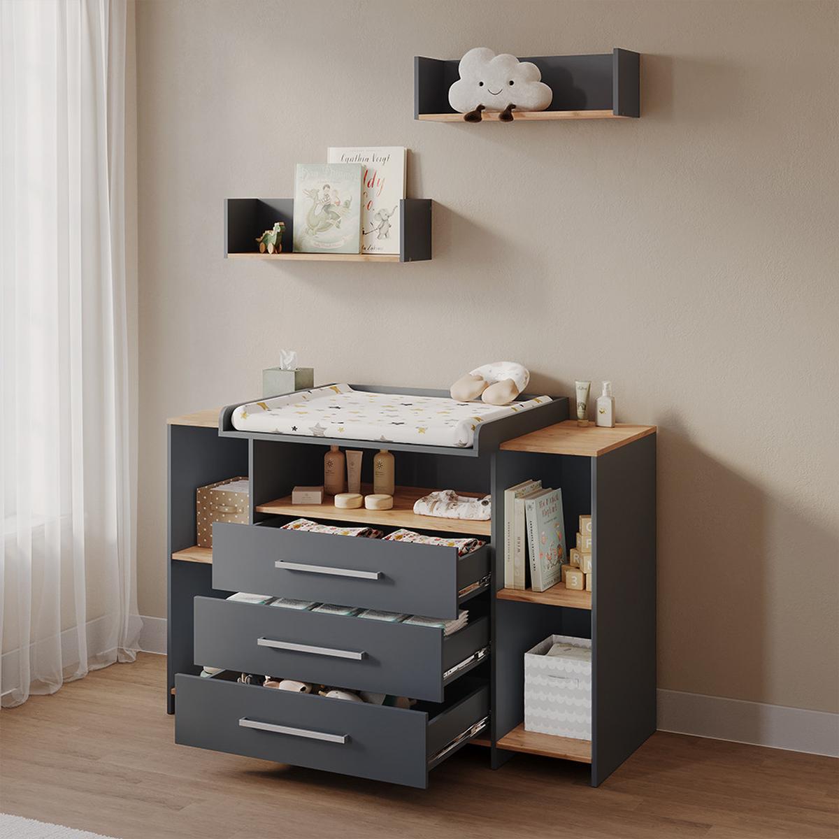 WICKELKOMMODE Torino Anthrazit/Goldkraft Eiche mit 3 Schubladen - Honigeiche/Anthrazit, Holzwerkstoff (143.2/93/53.1cm) - Livinity®