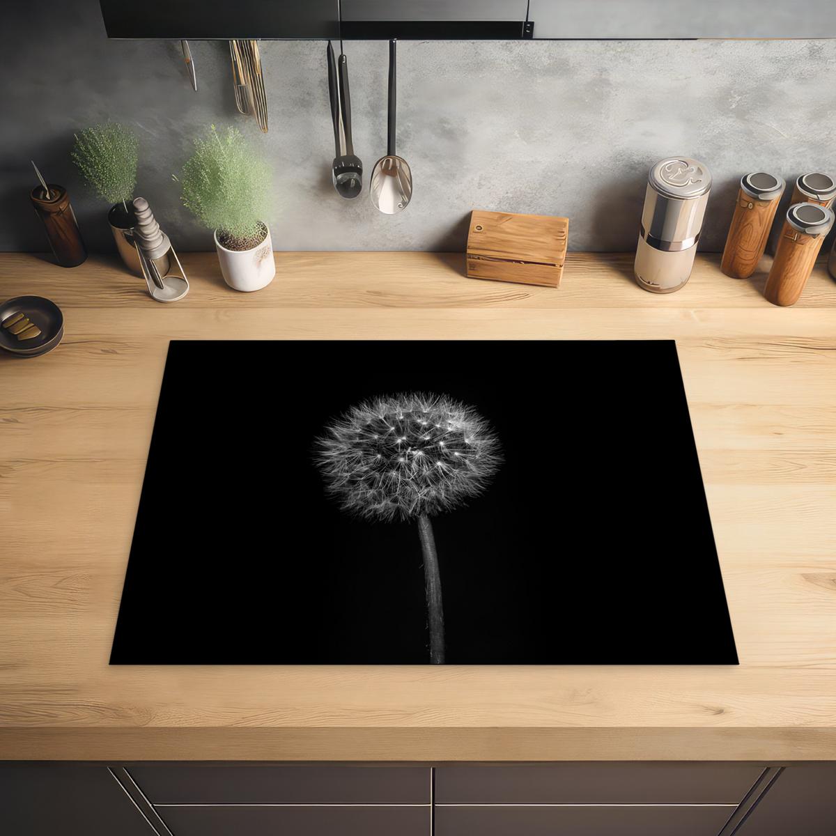 HERDABDECKPLATTE Löwenzahn - Schwarz - Floral - Botanisch Herdabdeckung Induktionsfeld 70x52 cm - Grau, Kunststoff (70/52/0.2cm) - MuchoWow