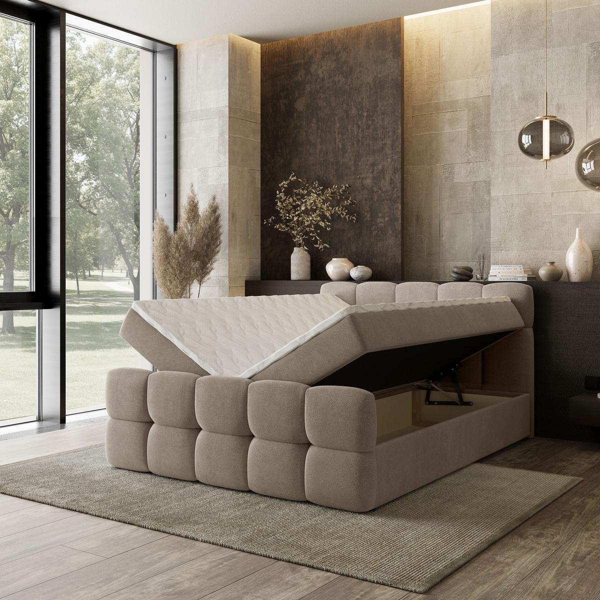 BOXBETT BRUME 200x200 cm mit Matratze und Topper, H2+H3 - Beige - Beige, Holz (200/200cm) - MASSENO
