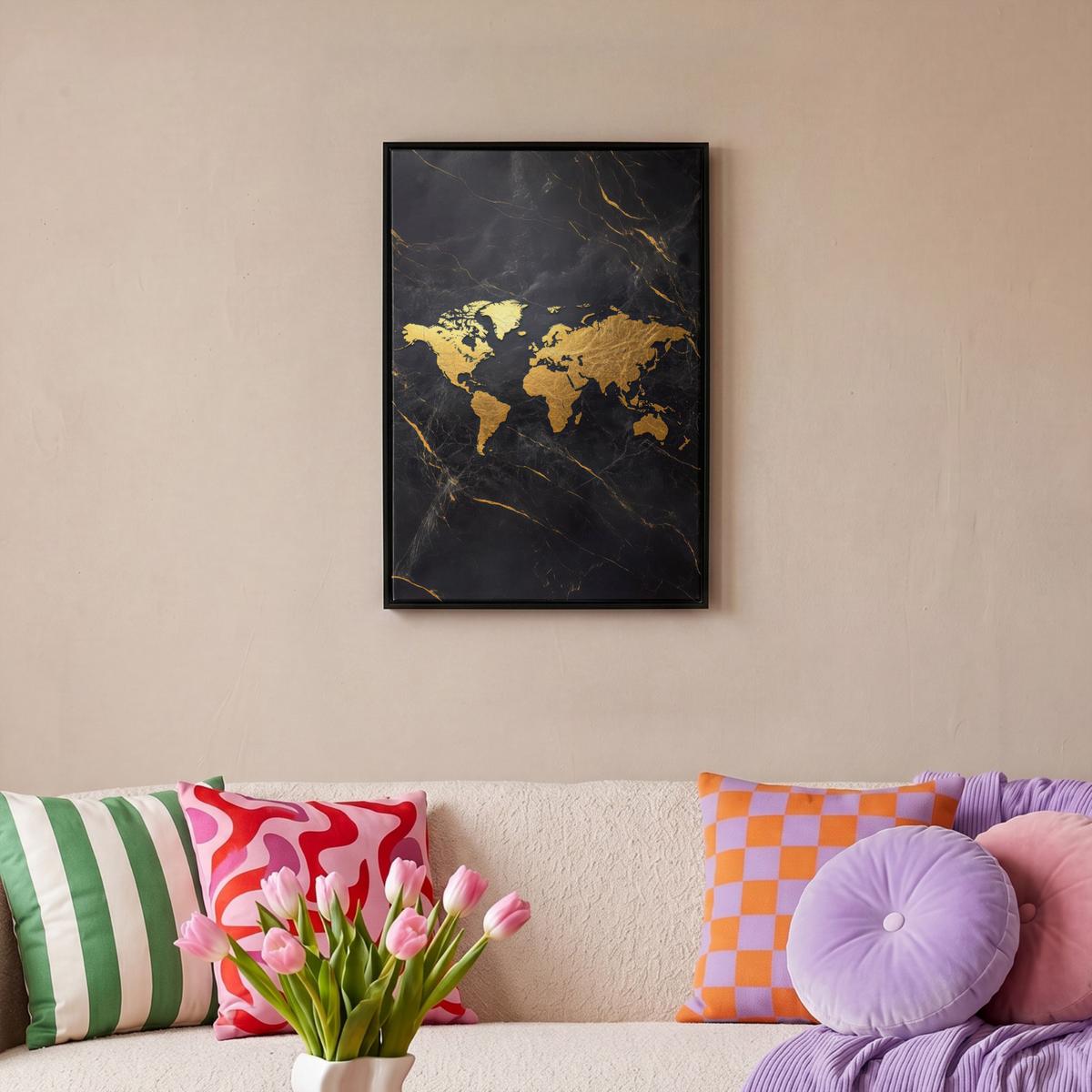 LEINWAND Bilder mit Rahmen - Weltkarte - Gold - Marmor - 40x60 - Goldfarben, Textil (40/60cm) - MuchoWow