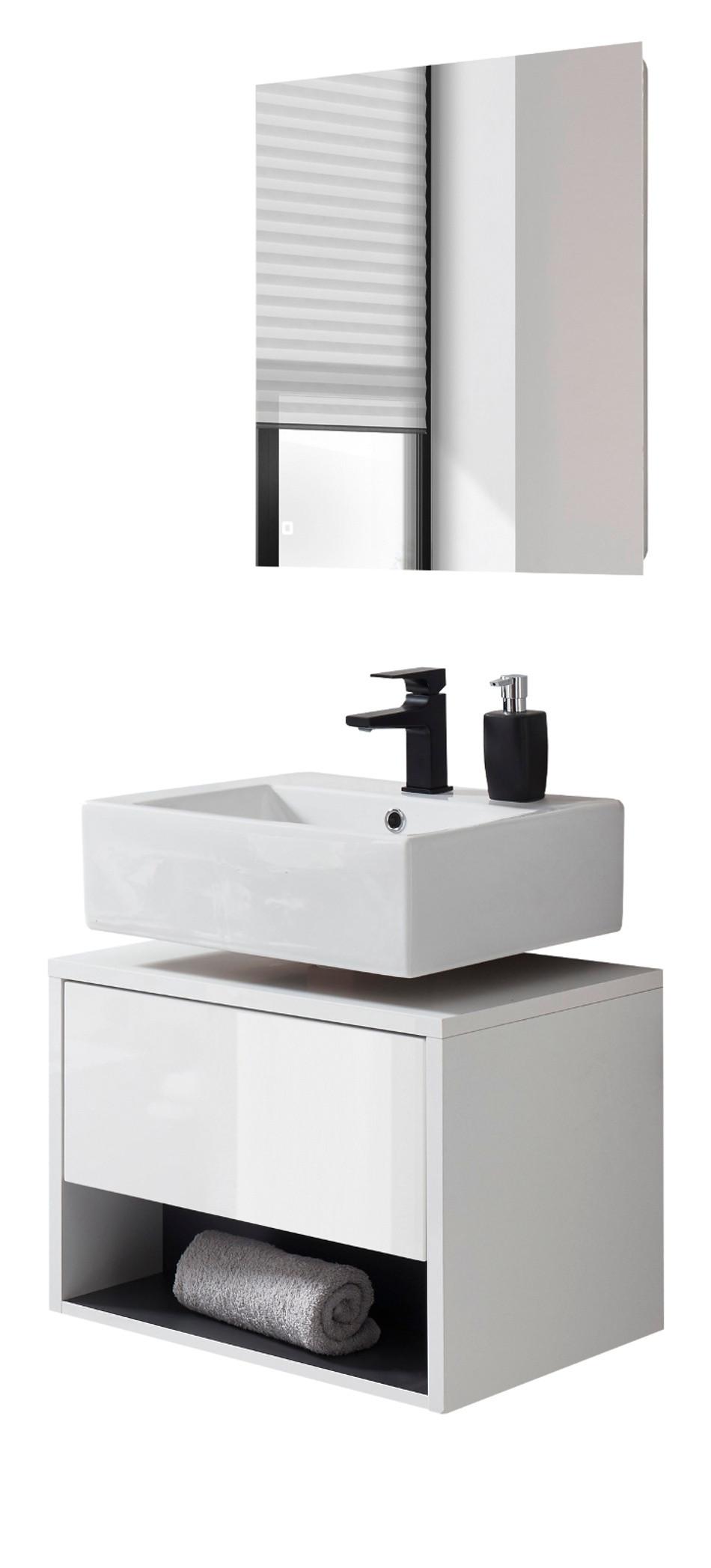 BADMÖBEL-SET 2-teilig weiß Hochglanz, grau mit LED Beleuchtung, 60 x 190 cm - Weiß Hochglanz/Grau, Glas/Holzwerkstoff (60/190/46cm) - Furn.Design