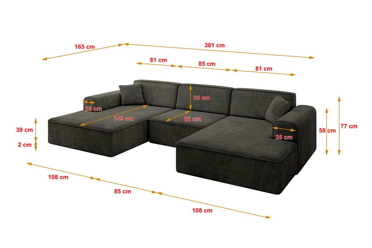WOHNLANDSCHAFT IREA-U1-v3 - 301x165x77 cm Schwarz - Schwarz, Holzwerkstoff/Textil (301/77/165cm) - ALTDECOR