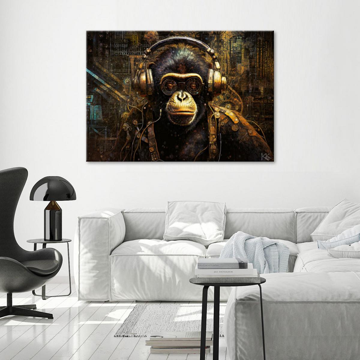 LEINWANDBILD Schimpanse mit Kopfhörern 100x70cm - Braun, Textil (100/70cm) - Feeby