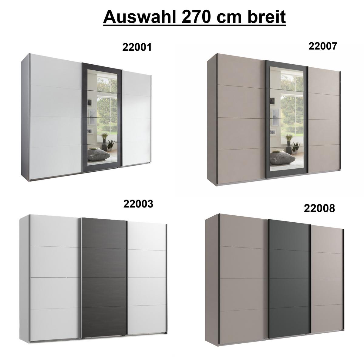 SCHWEBETÜRENSCHRANK 3-türig B270/H208/T65 cm, Kleiderschrank in Weiß mit Absetzungen in grauer Stahl-Optik / 22001 - Alufarben/Schwarz, Holzwerkstoff/Metall (270/208/65cm) - luma-home