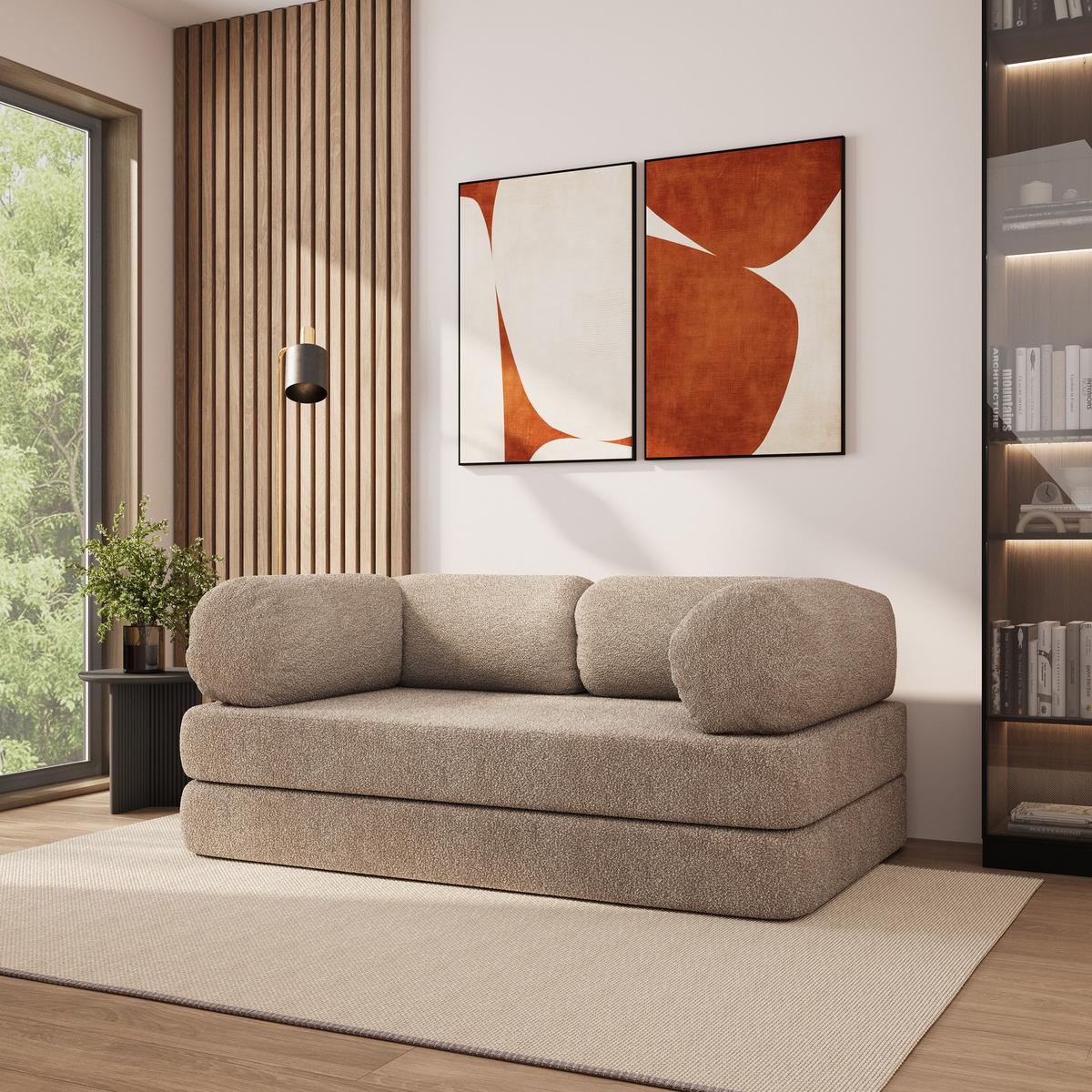 BETTSOFA EIREN aus Schaumstoff Bucle-Stoff Beige Schlaffunktion - Beige, Textil (170/68/80cm) - MASSENO