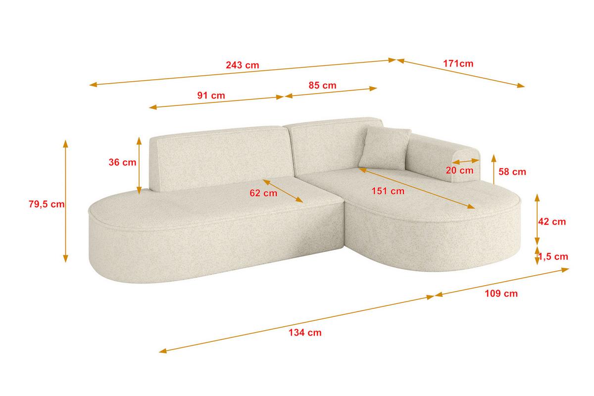 ECKSOFA Ottomane Rechts MARI-L1 - 243x171x79 cm Creme Tissu - Creme/Schwarz, Holzwerkstoff/Kunststoff (171/243cm) - ALTDECOR