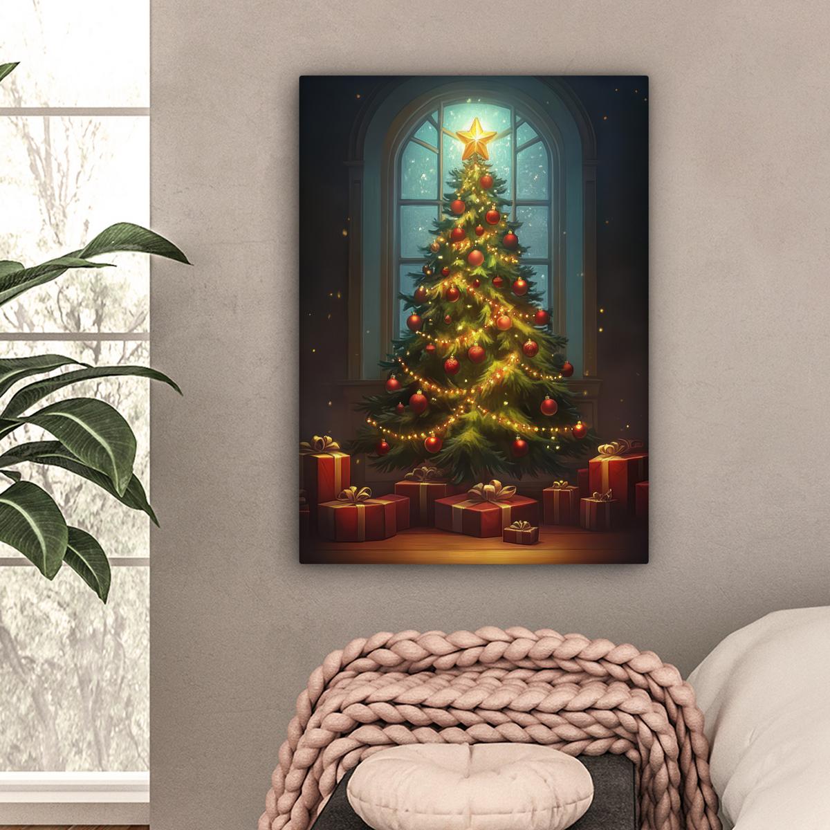 LEINWANDBILD Weihnachtsbaum - Geschenk - Winter Wandbild Wohnzimmer 60x80 cm - Grün, Textil (60/80cm) - MuchoWow