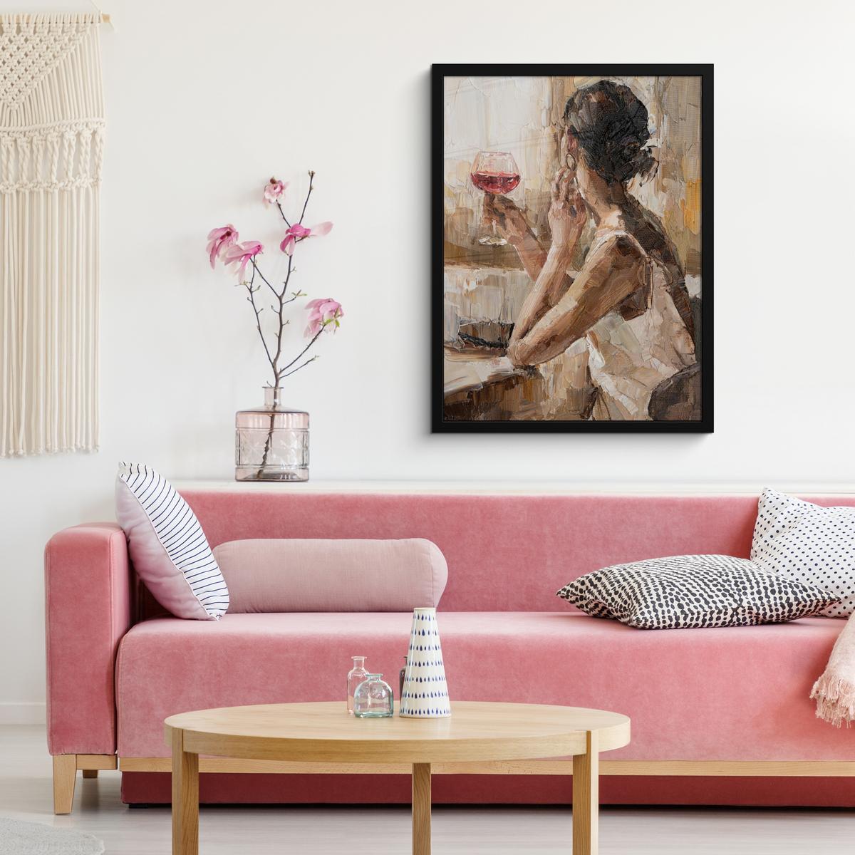 POSTER MIT RAHMEN Ölgemälde - Frau - Wein Posterleiste 60x80 cm - Hellbraun, Papier (60/80cm) - MuchoWow