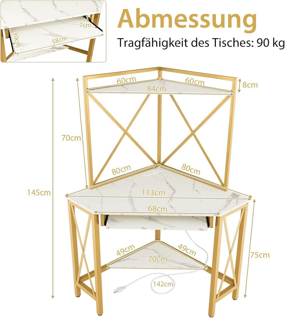 ECKCOMPUTERTISC 145cm Weiß - Weiß, Holz (75/113/145cm) - COSTWAY