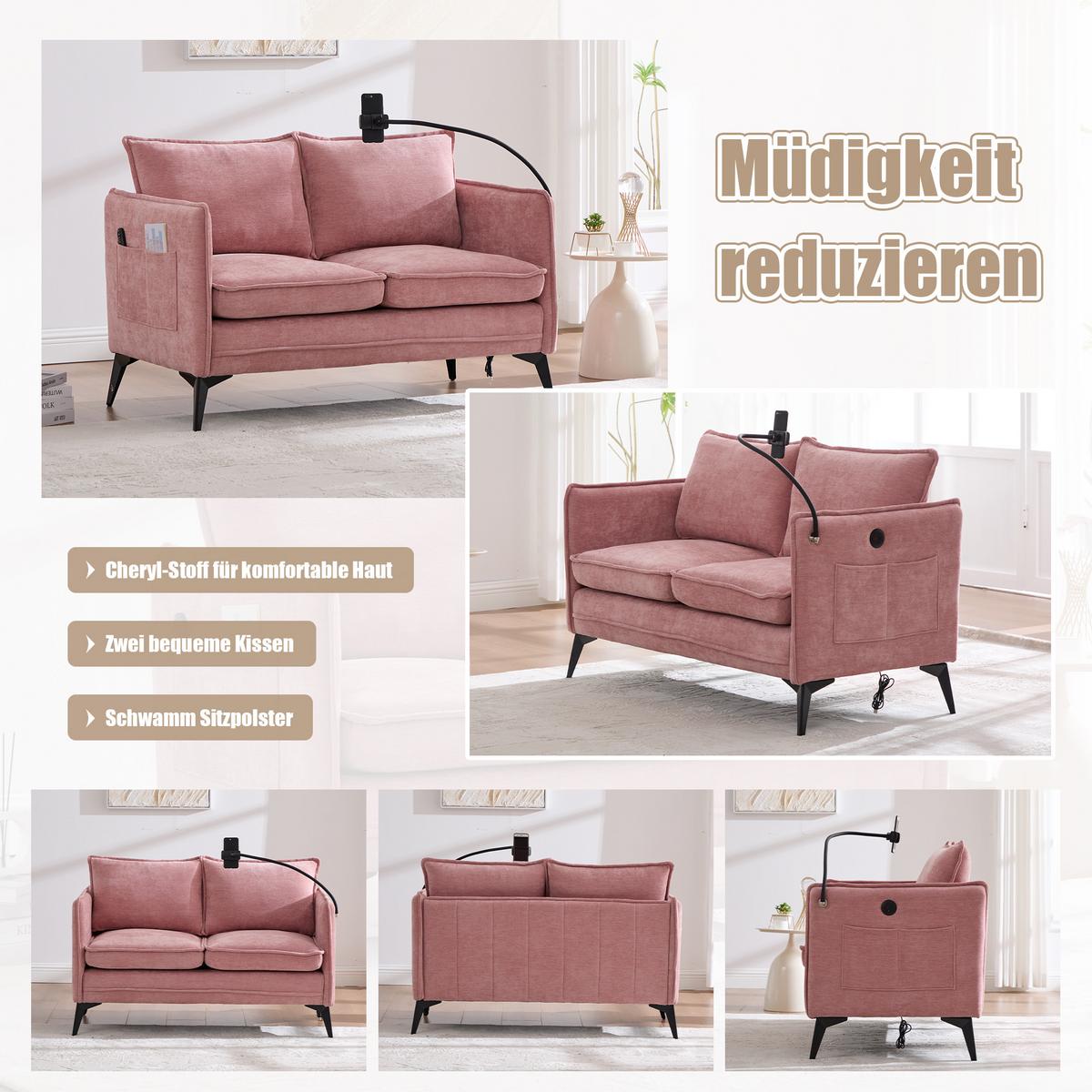 2-SITZER SOFA Chenille Mit Handy-Halter & Seitentaschen - Pink, Textil (127/66/69cm) - Urban Meuble