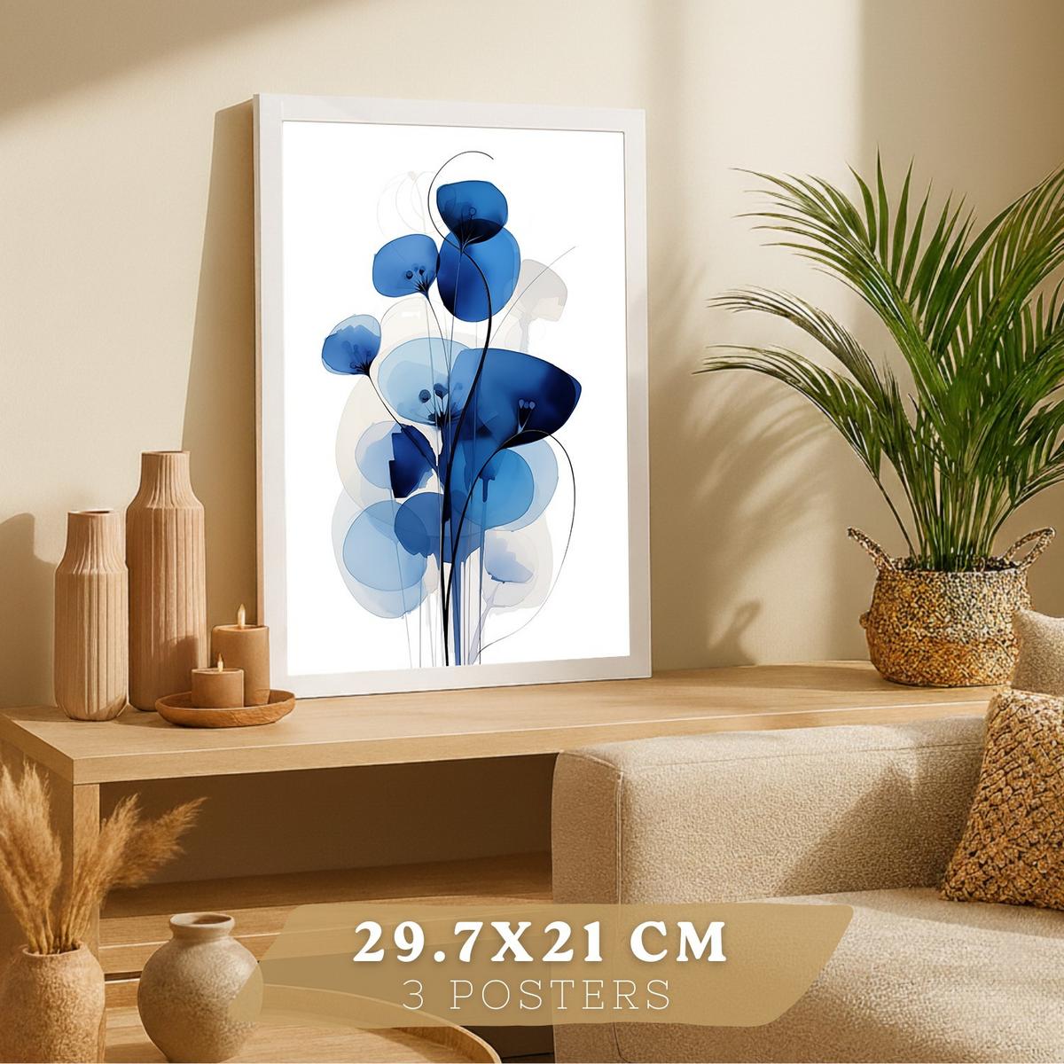 POSTER 3er-Set Wandbilder Blumen Blau modern Wohnzimmer Deko, Schlafzimmer, Küche, Badezimmer Weißer Rahmen A4 - Weiß, Papier (29.7/1/21cm) - Nacnic