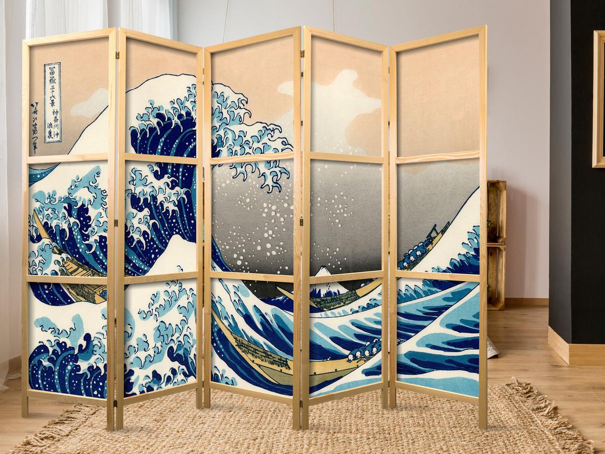 PARAVENT Japanischer 5-tlg 225x172 cm Meereswelle - Multicolor, Holz/Textil (225/172/3cm) - Muralo