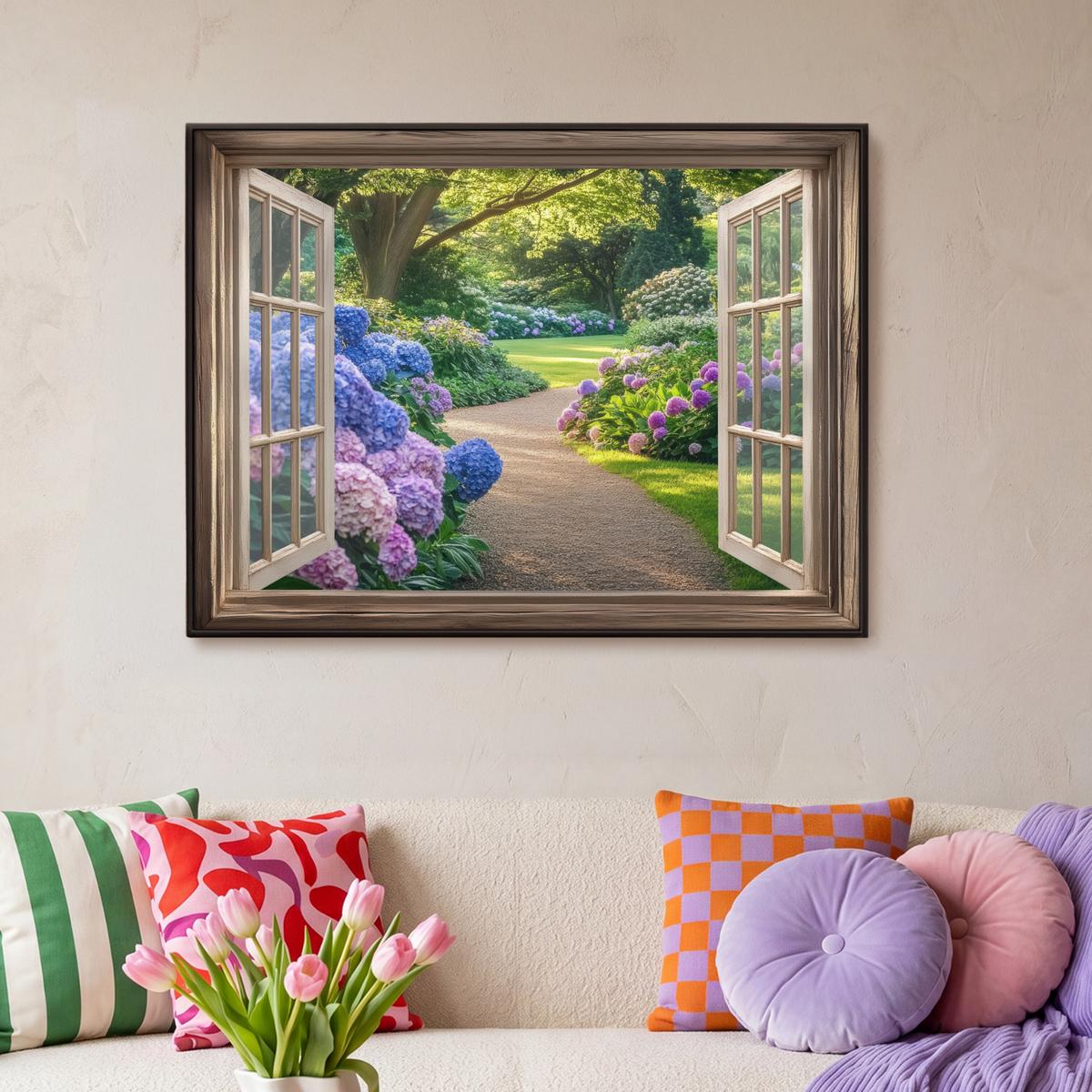 LEINWAND Bilder mit Rahmen - Aussicht - Garten - Fenster - Hortensie - Blumen - 100x70 - Pastellblau, Textil (100/70cm) - MuchoWow