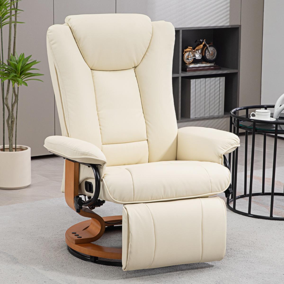 RELAXSESSEL Drehbar Fernsehsessel mit Liegefunktion, Fußstütze, Cremeweiß - Creme, Leder/Holzwerkstoff (88/103/78cm) - HOMCOM