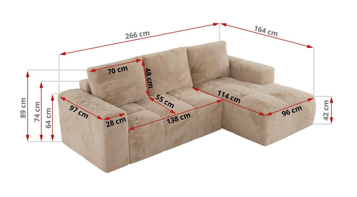 ECKSOFA MONIVA Beige Plüsch - Links - Beige/Schwarz, Textil (164/266cm) - MKS