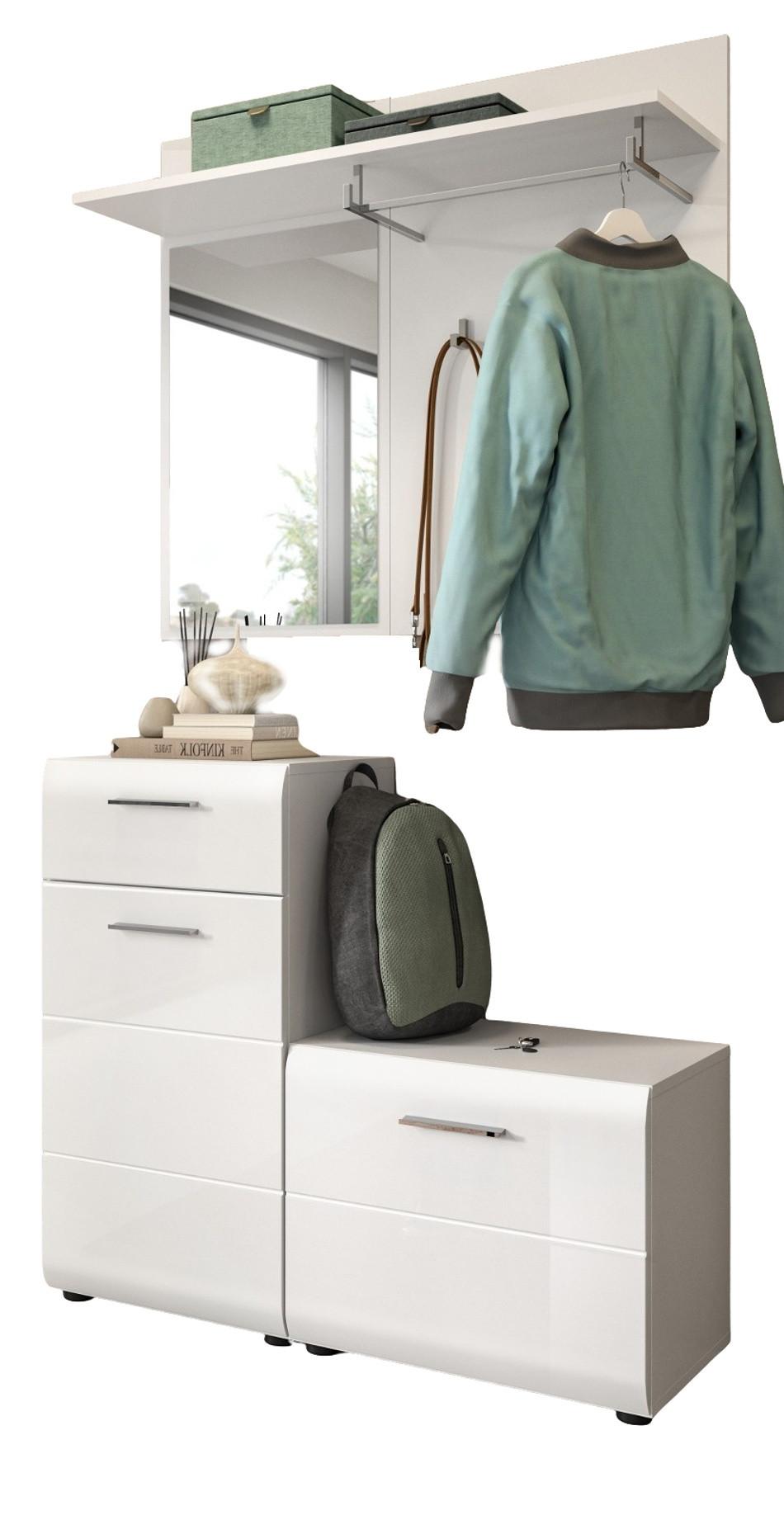 GARDEROBE Set 3-teilig weiß Hochglanz, Flurgarderobe kompakt, Komplett-Set Breite 98 cm - Weiß Hochglanz/Silberfarben, Holzwerkstoff/Kunststoff (98/190/191cm) - Inn.Furn