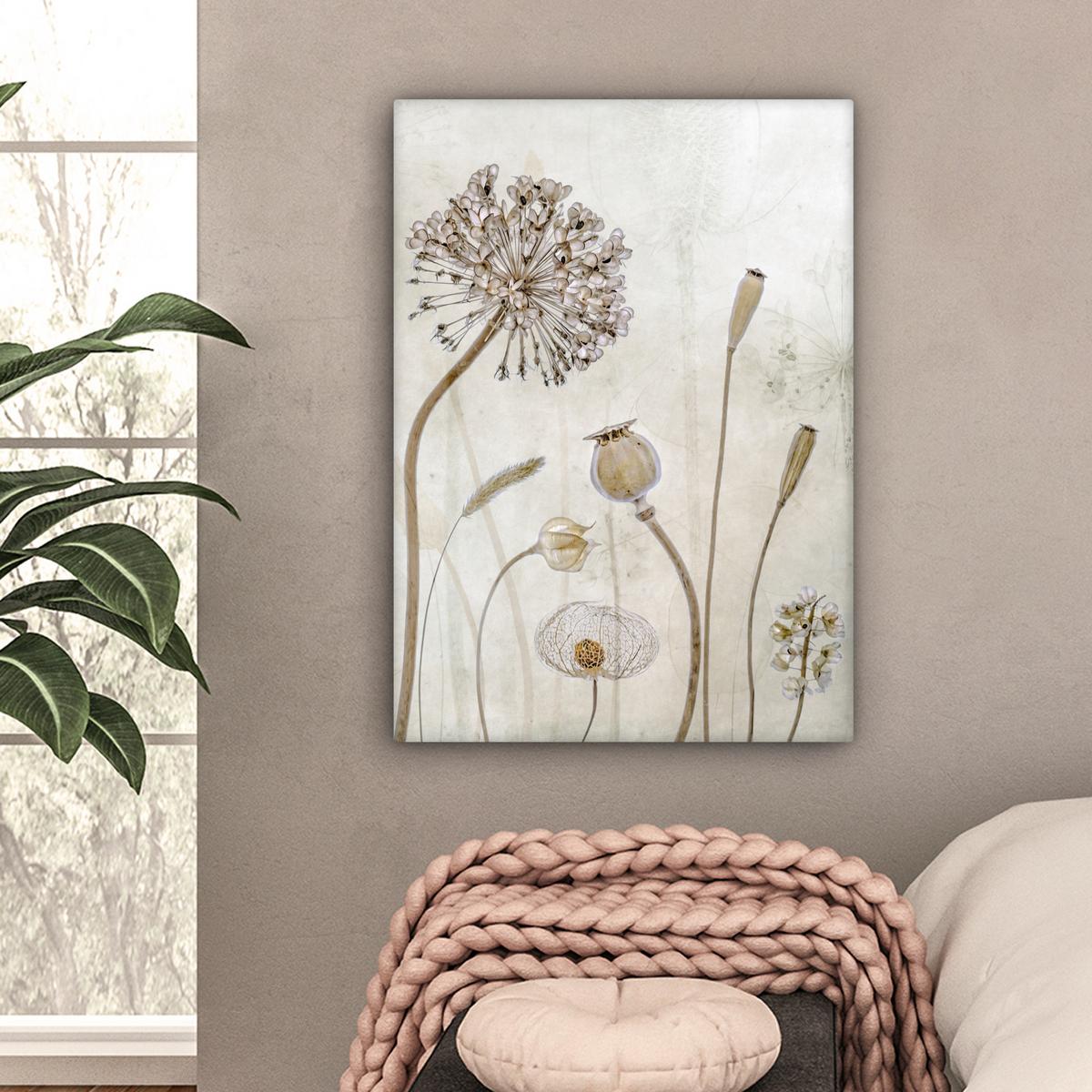 LEINWANDBILD Blumen - Aquarell - Stilleben - Braun - Vintage Wandbild Wohnzimmer 60x80 cm - Beige, Textil (60/80cm) - MuchoWow
