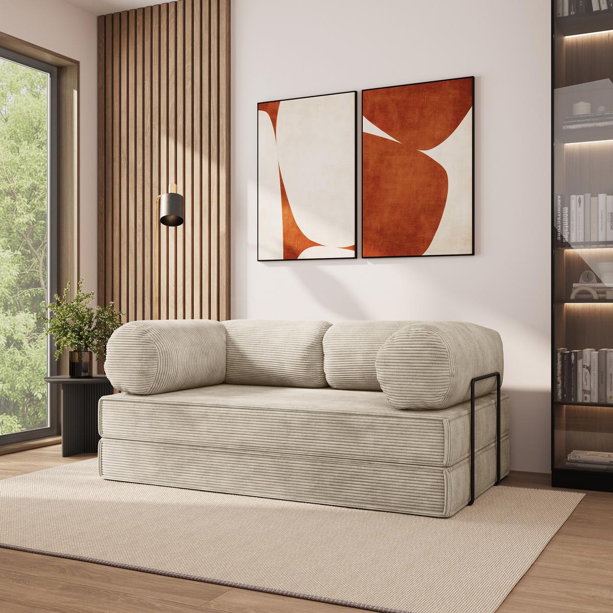 BETTSOFA ALVIO aus Schaumstoff Kordstoff Creme Schlaffunktion - Creme, Textil (170/68/80cm) - MASSENO