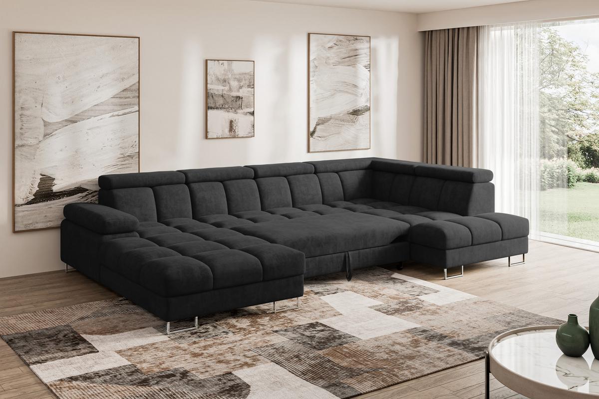 WOHNLANDSCHAFT mit Schlaffunktion und Bettkasten Ottomane RECHTS COMA U 345x203x79 Schwarz Velours - Schwarz, Holzwerkstoff/Textil (203/79/345cm) - ALTDECOR