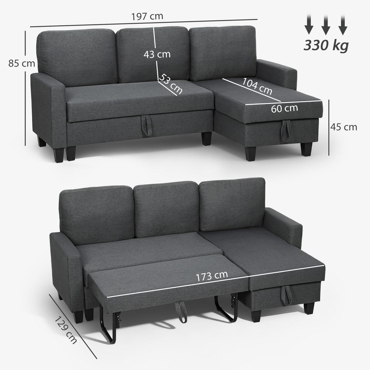 ECKSOFA-MIT-SCHLAFFUNKTION Polyetser Dunkelgrau - Dunkelgrau/Schwarz, Kunststoff/Textil (129/197cm) - HOMCOM
