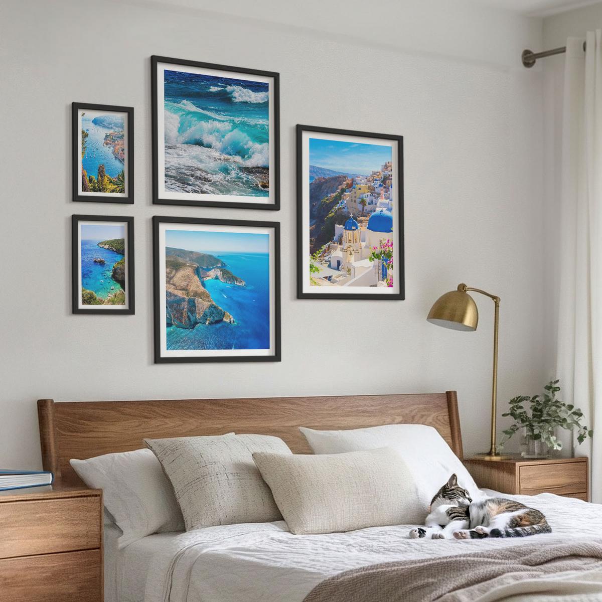 BILDER SET 5er Set - 50x50 cm & 20x30 cm & 40x60 cm Schwarzer Rahmen - Griechische Ansichten von Santorin Oia - Schwarz, Kunststoff (40/60cm) - TULUP