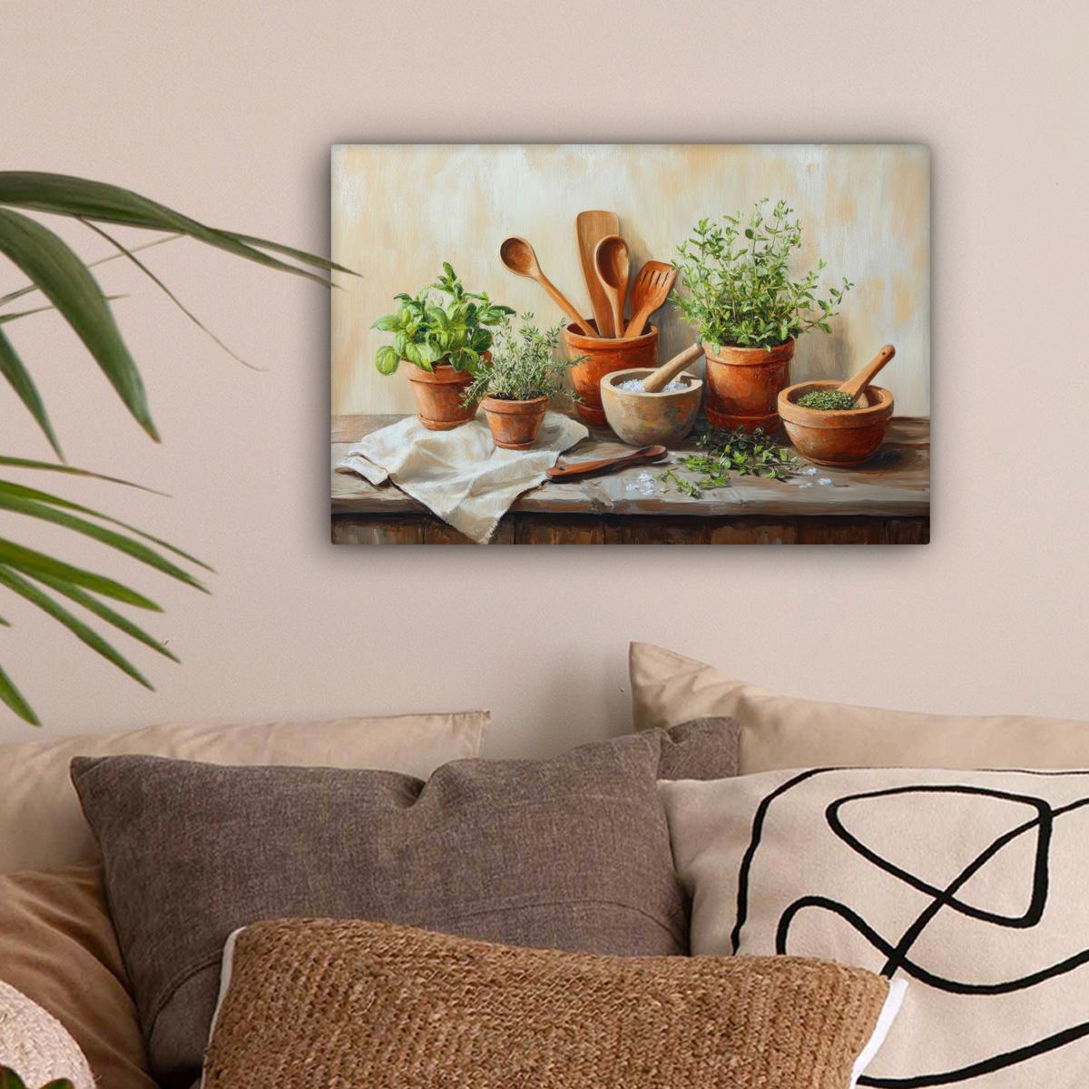 LEINWANDBILD Töpfe - Kräuter - Holz Deko Schlafzimmer 30x20 cm - Terracotta, Textil (30/20cm) - MuchoWow
