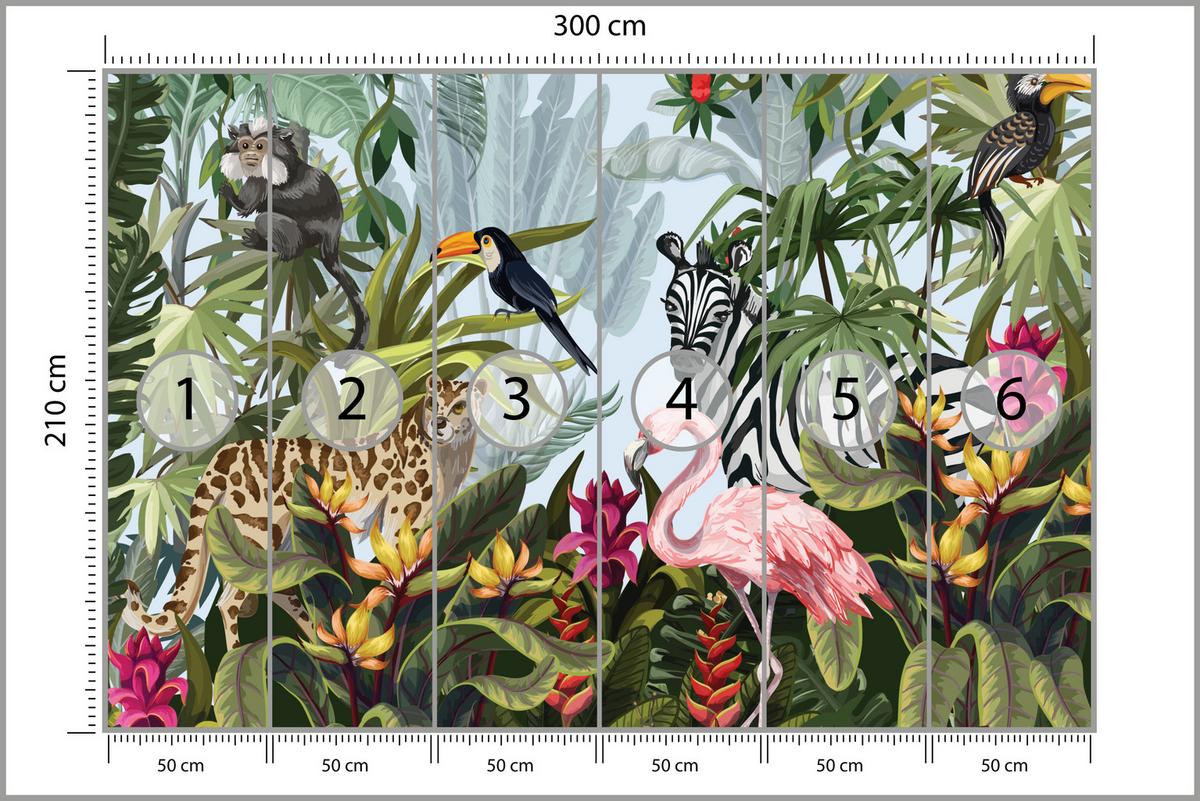 FOTOTAPETE für Kinderzimmer Tropische Pflanzen Tiere Flamingo Rippen 300x210 - Multicolor, Papier (300/210cm) - Muralo