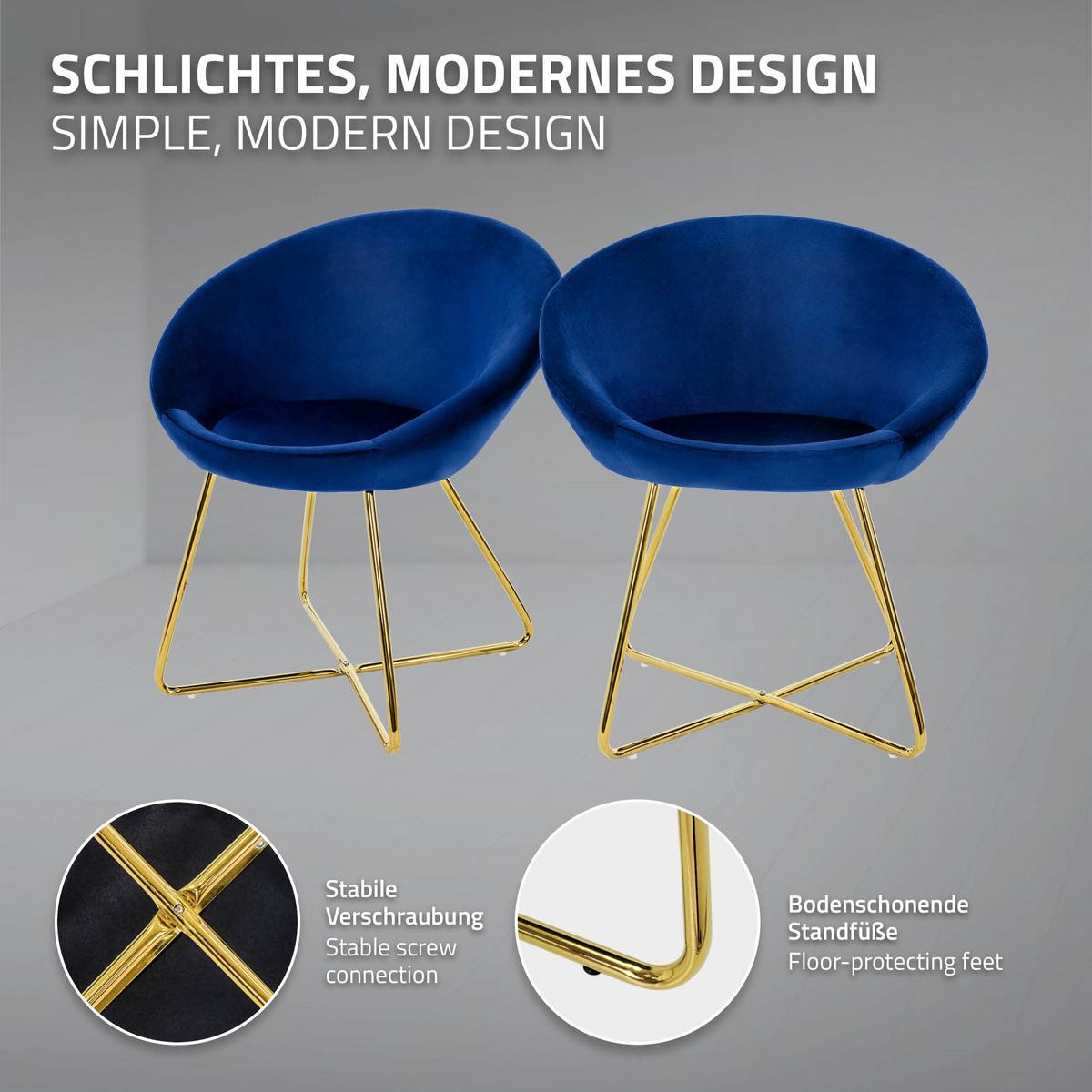 ESSZIMMERSTUHL Blau aus Samt - Blau/Goldfarben, Metall (58/74/65cm) - ML-DESIGN