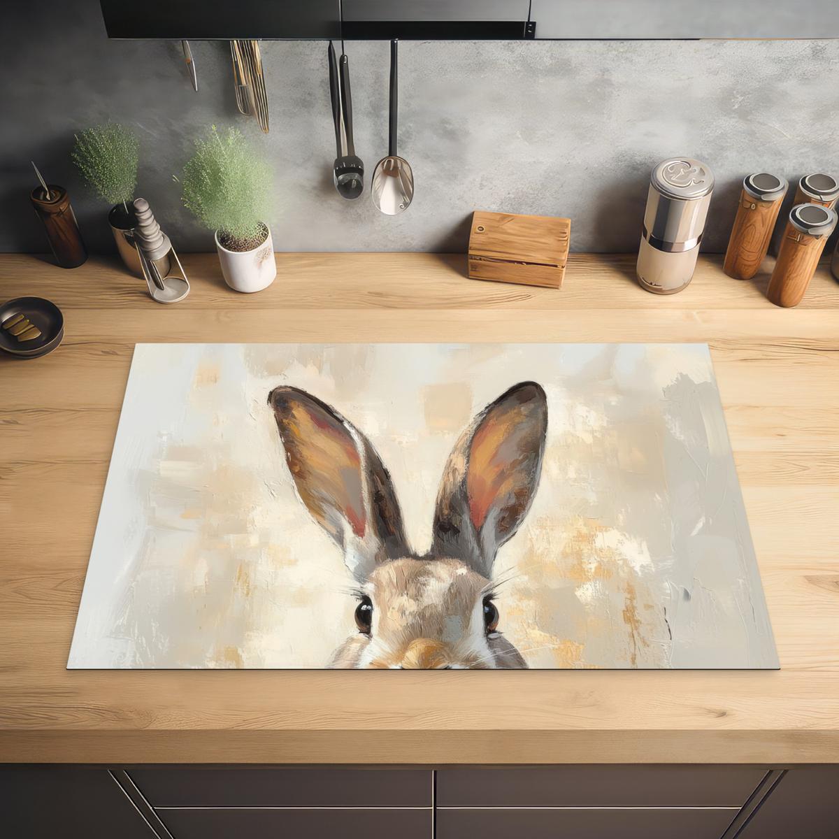 HERDABDECKPLATTE Hase - Ohren - Braun Ceranfeldabdeckung 80x52 cm - Beige, Kunststoff (80/52/0.2cm) - MuchoWow