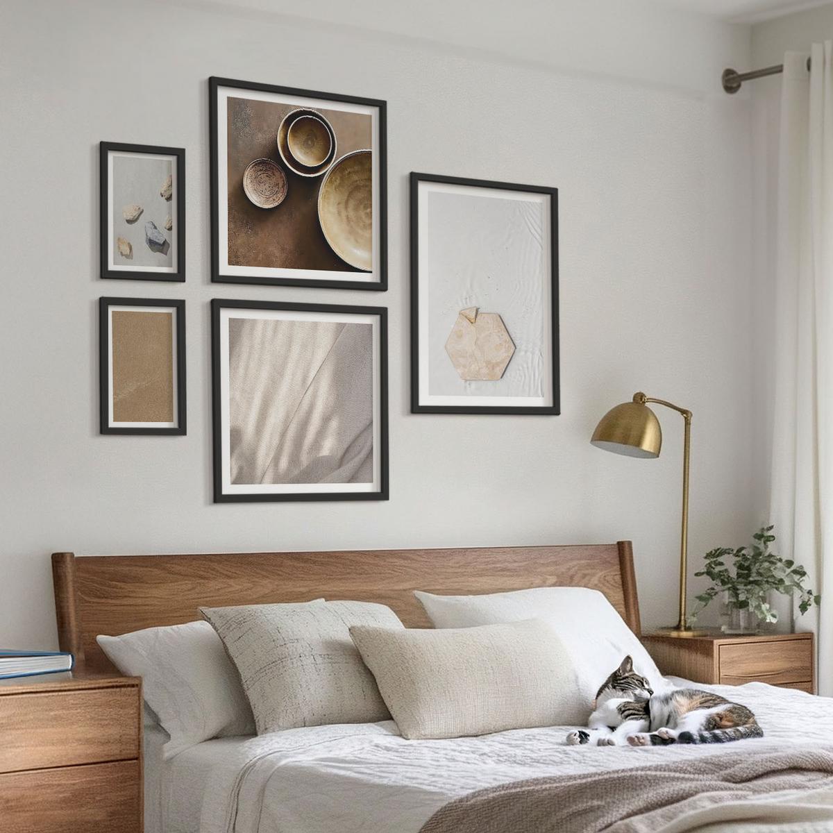 BILDER SET 5er Set - 50x50 cm & 20x30 cm & 40x60 cm Schwarzer Rahmen - Minimalistische warme Texturen - Schwarz, Kunststoff (40/60cm) - TULUP