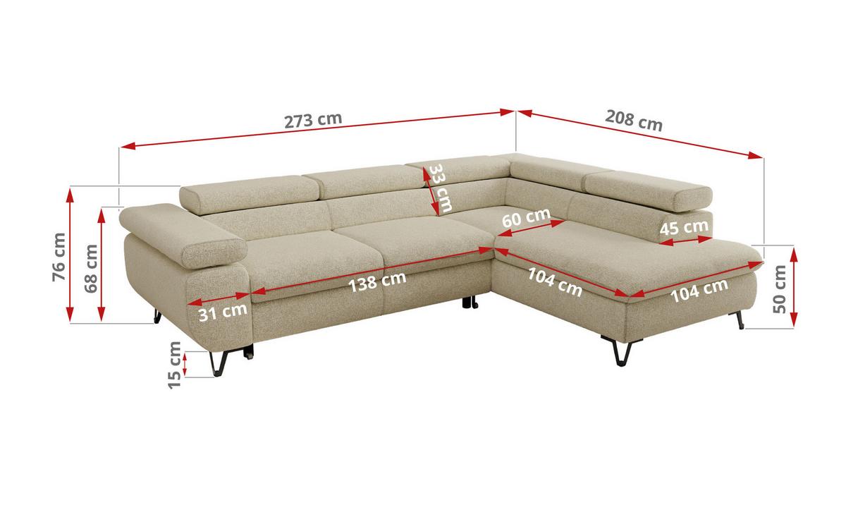 ECKSOFA PABLO L Creme Struktur - Rechts Seite - Creme/Schwarz, Textil/Metall (273/208cm) - MKS