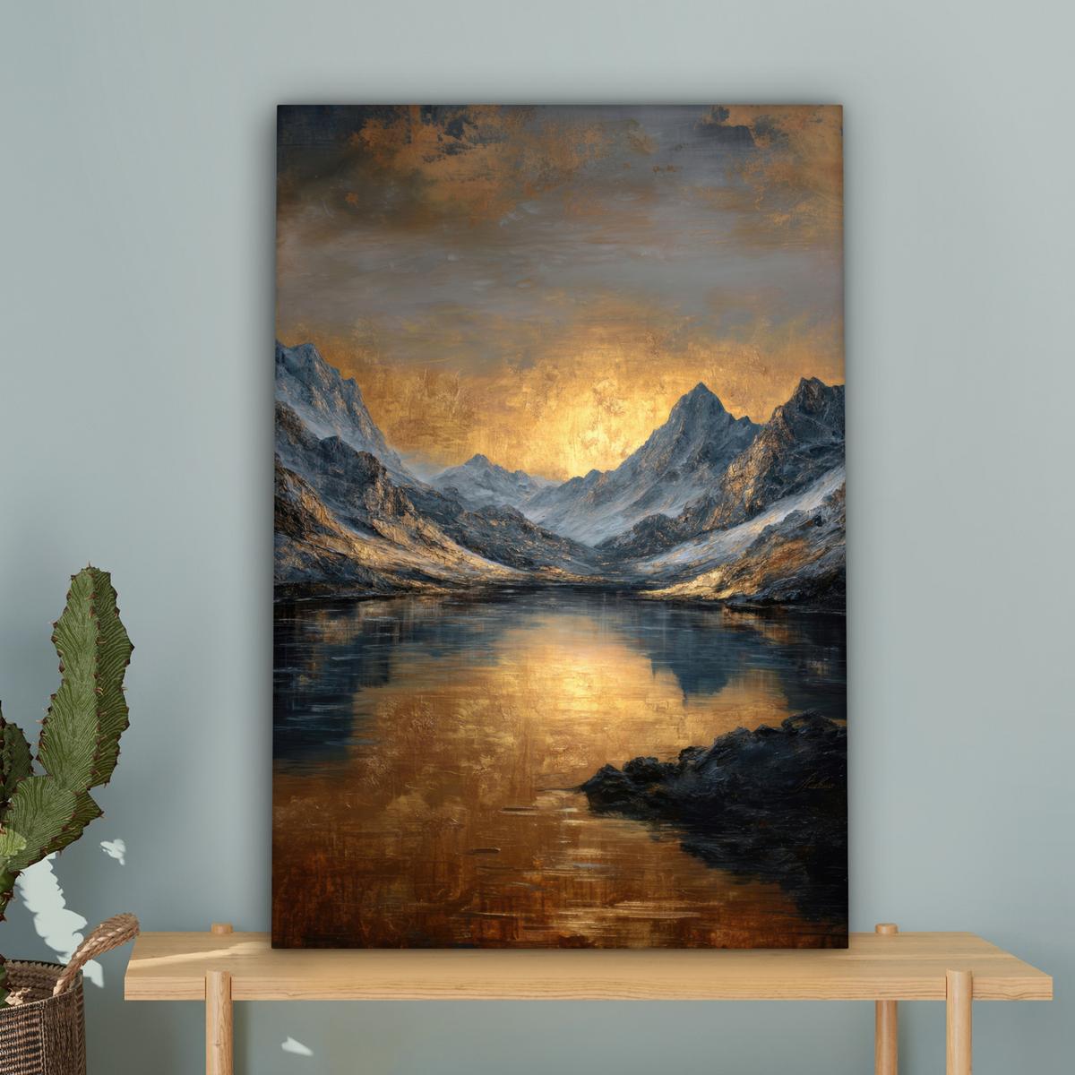 LEINWANDBILD Bergkulisse mit goldenem Sonnenuntergang Wanddeko 40x60 cm - Goldfarben, Textil (40/60cm) - MuchoWow