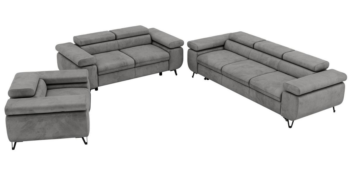 SITZGARNITUR PETER 1+2+3 mit Schlaffunktion - Hellgrau Velvet - Silberfarben/Hellgrau, Textil/Metall (262/76/99cm) - MKS