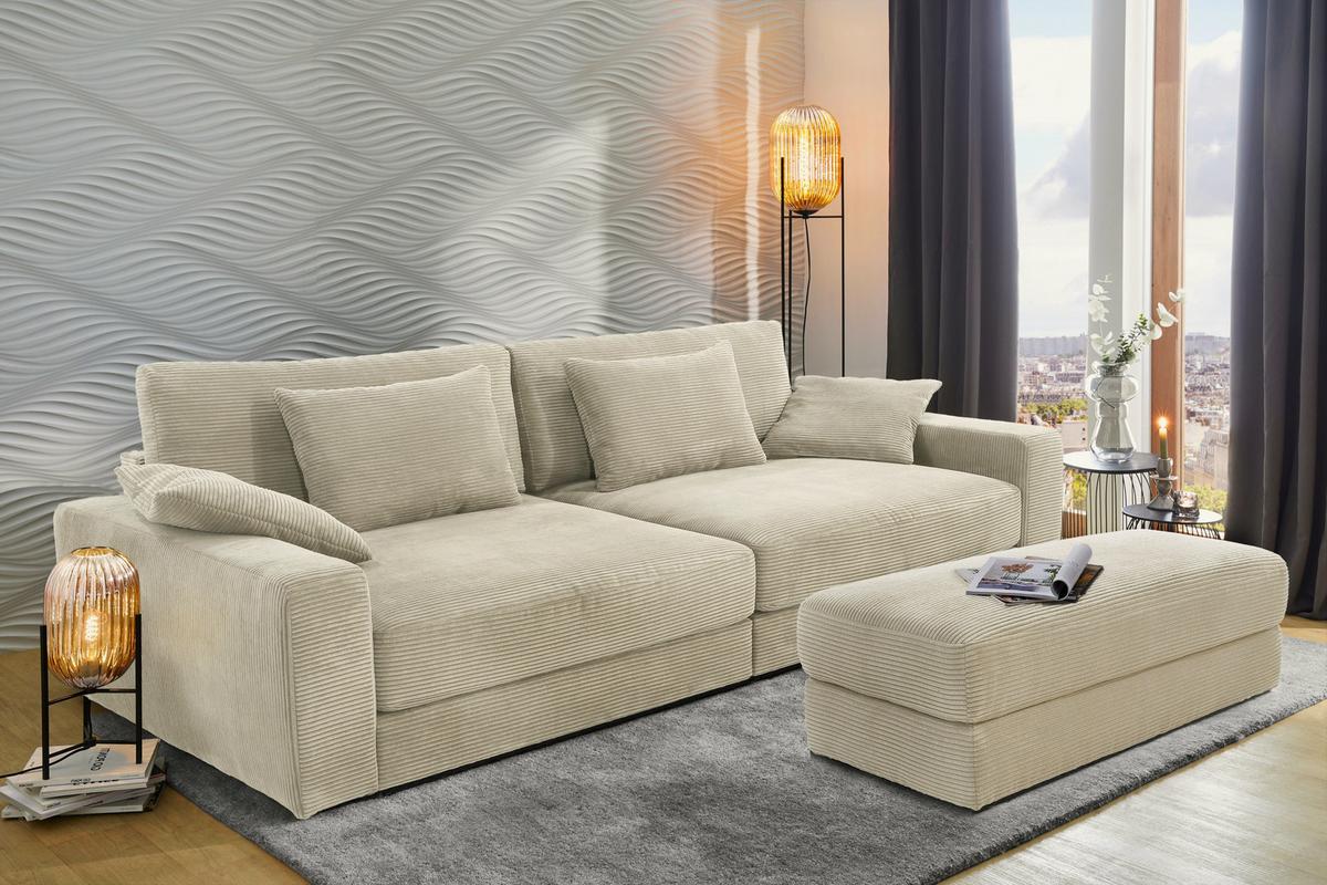 BIG-SOFA mit Federkern B290/T135/H90 cm extratief, Liegefläche 122x240 cm, Cord Beige Grau / 15251 - Greige/Schwarz, Kunststoff/Textil (290/90/135cm) - luma-home