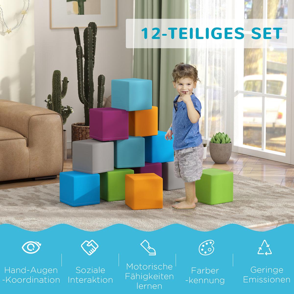 BAUSTEINSET 12er-Set Schaumstoff Bausteine Bauspielzeug für 1-3 Jahre Kinder - Blau/Multicolor, Kunststoff (20/20/20cm) - HOMCOM