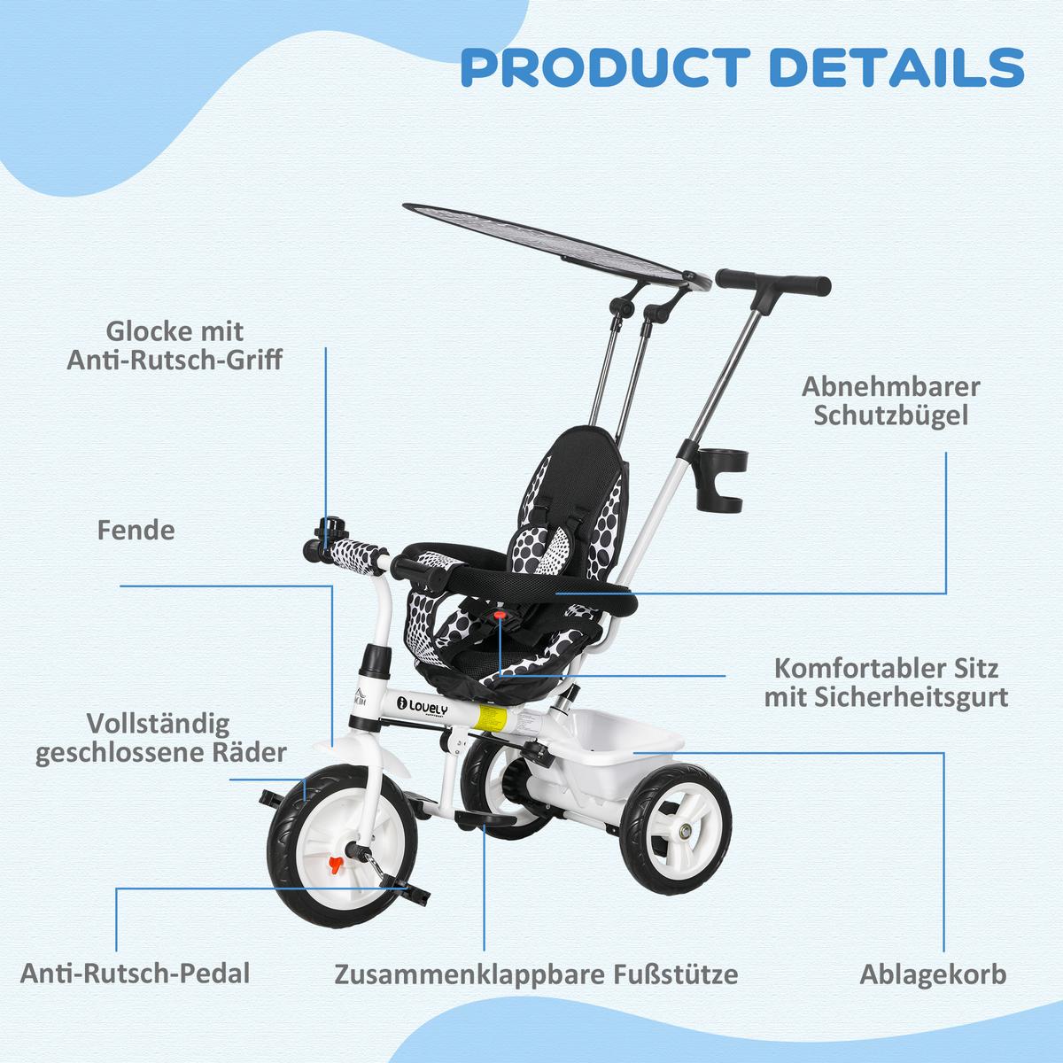 6-IN-1 Dreirad mit Schubstange, Kinderdreirad mit abnehmbarem Sonnendach Weiß - Weiß, Metall (105/47/98cm) - HOMCOM