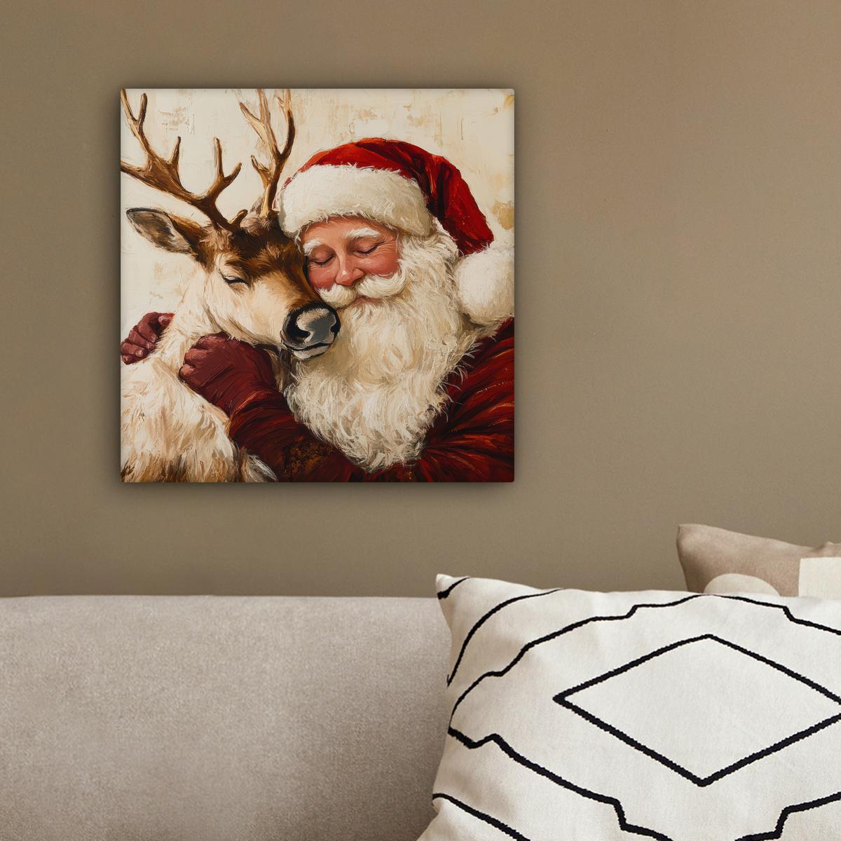 LEINWANDBILD Weihnachtsmann - Rentier - Weihnachten Deko Wohnzimmer 20x20 cm - Rotbraun, Textil (20/20cm) - MuchoWow