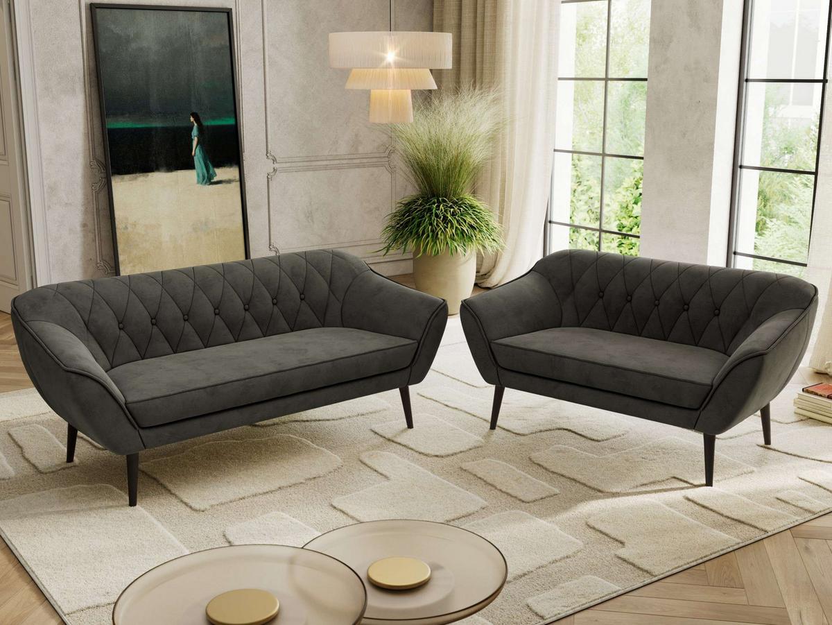 SITZGARNITUR PIRS 3+2 - Dunkelgrau Velvet - Schwarze Beine - Dunkelgrau/Schwarz, Holzwerkstoff/Textil (180/75/74cm) - MKS