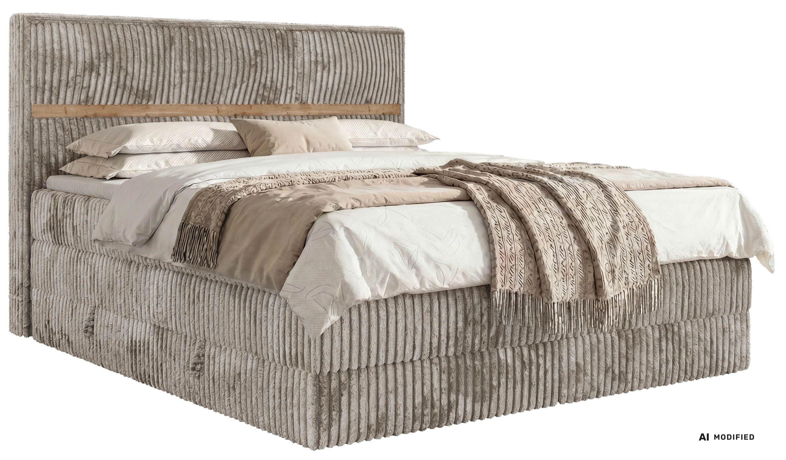 BOXSPRINGBETT ORVO KING 180/200 - Hellbraun Cord - Topper Visco - H3 - Hellbraun/Schwarz, Kunststoff/Textil (180/200cm) - MKS