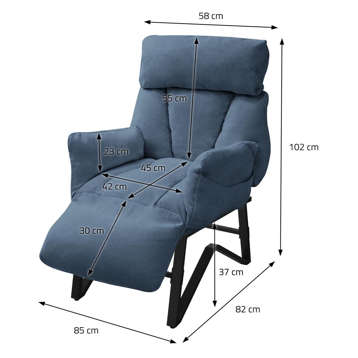 SESSEL mit Liegefunktion Blau Leinenbezug Relaxsessel verstellbar für Wohnzimmer - Blau/Schwarz, Textil/Metall (85/102/82cm) - ML-DESIGN