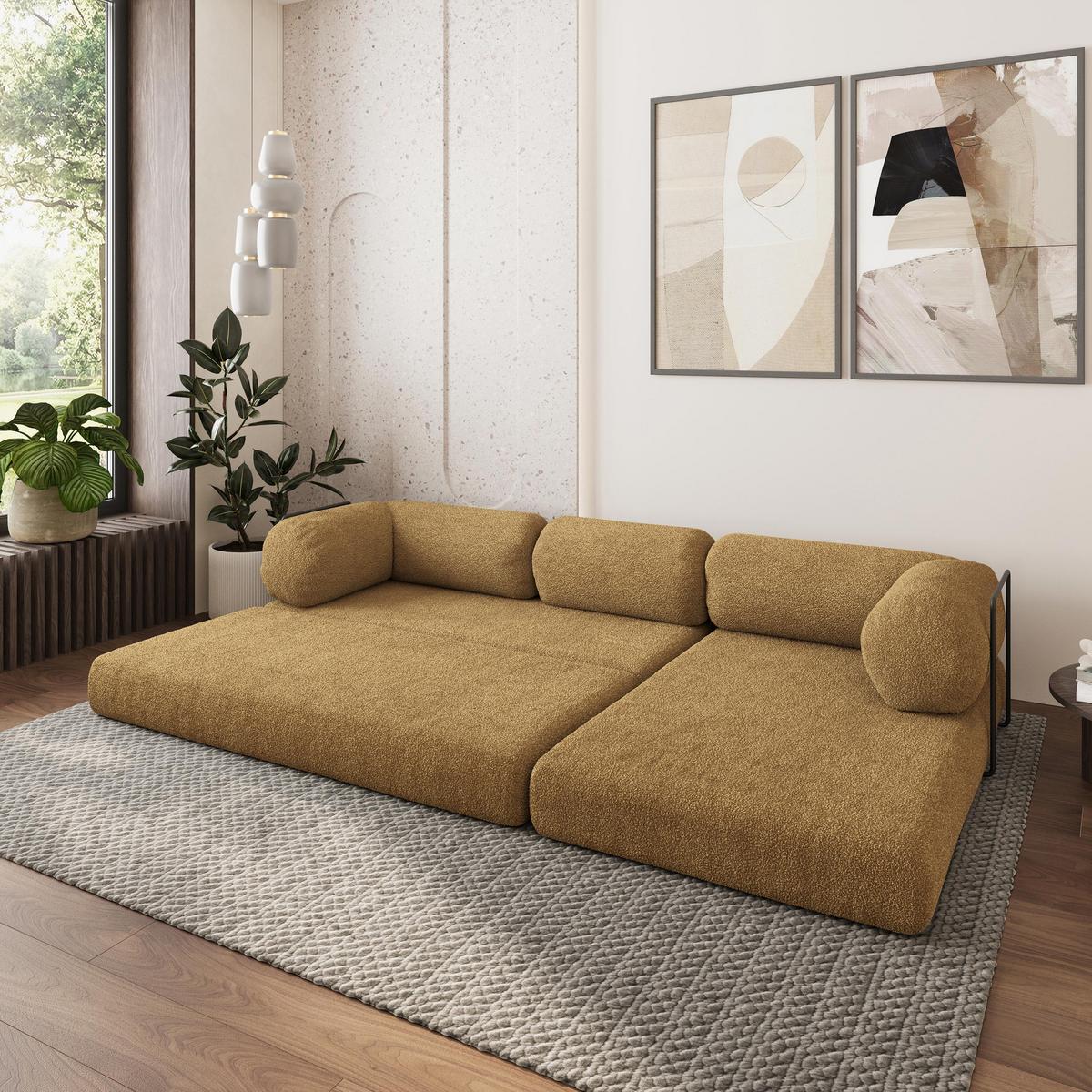 ECKSOFA KELI modulares Boneless Sofa mit Schlaffunktion Orange Boucle-Stoff - Gelb, Textil (270/160cm) - MASSENO