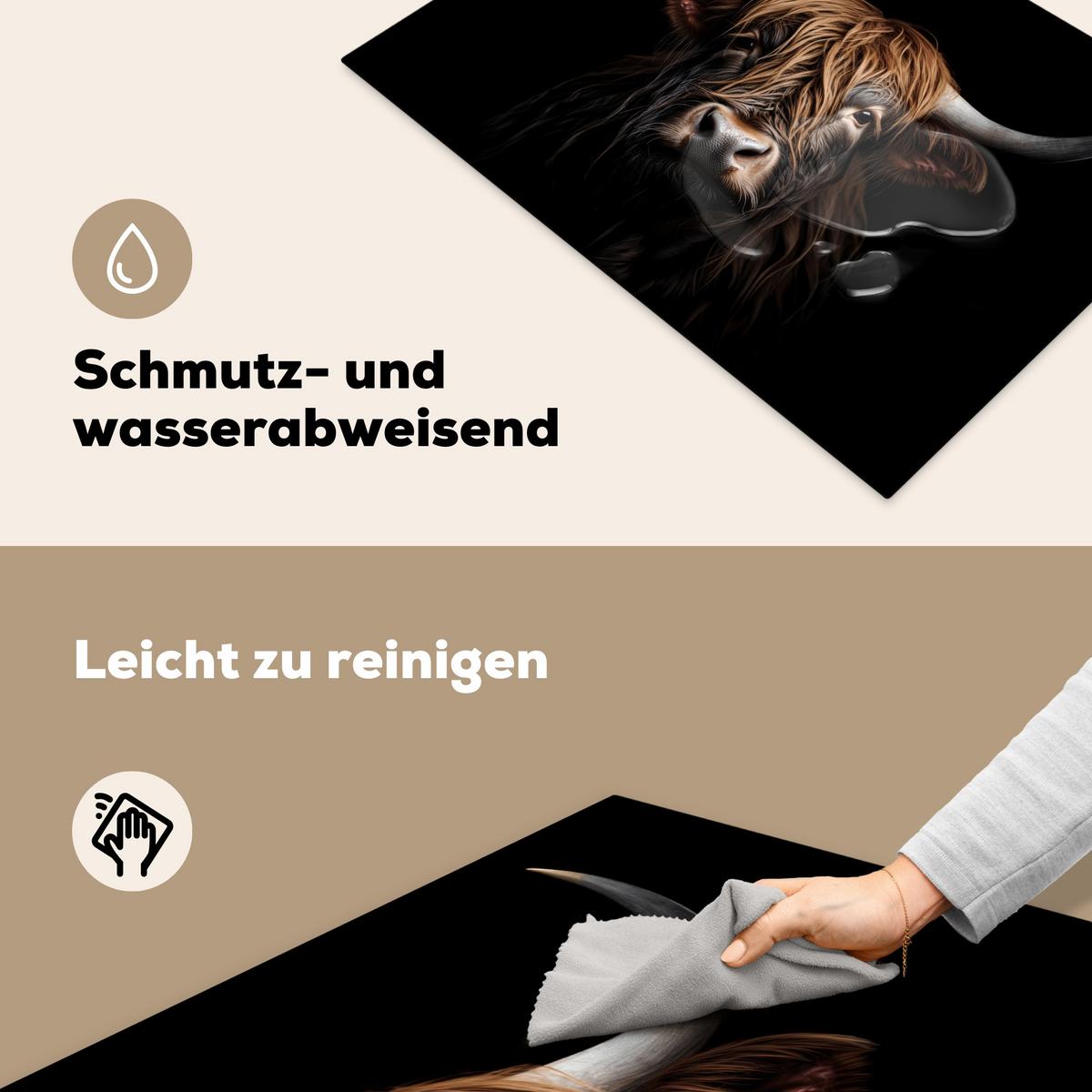 HERDABDECKPLATTE Schottischer Highlander - Porträt - Schwarz - Tier Herdabdeckung Induktionsfeld 75x52 cm - Braun, Kunststoff (75/52/0.2cm) - MuchoWow