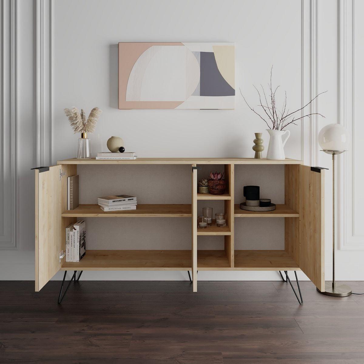 SIDEBOARD 3 Nischen und 3 Türen L142 cm - Clara - Eichefarben, Holzwerkstoff (35.6/83/15cm) - Calicosy