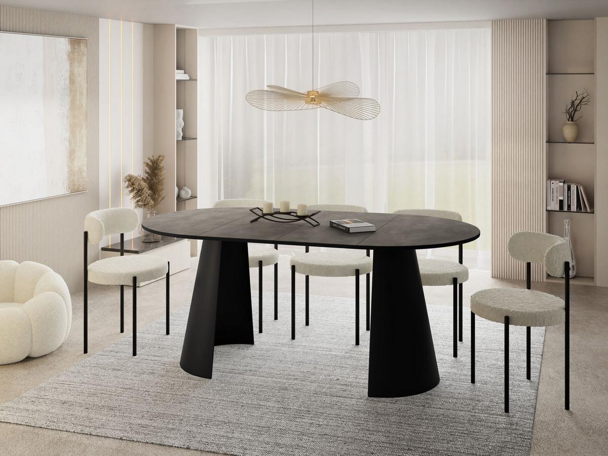 ESSTISCH Lamio runder ausziehbarer, Beton-Optik Dunkelgrau 120-200/120/76 cm - Dunkelgrau/Schwarz, Holzwerkstoff/Metall (120/196/76cm) - WFL GROUP
