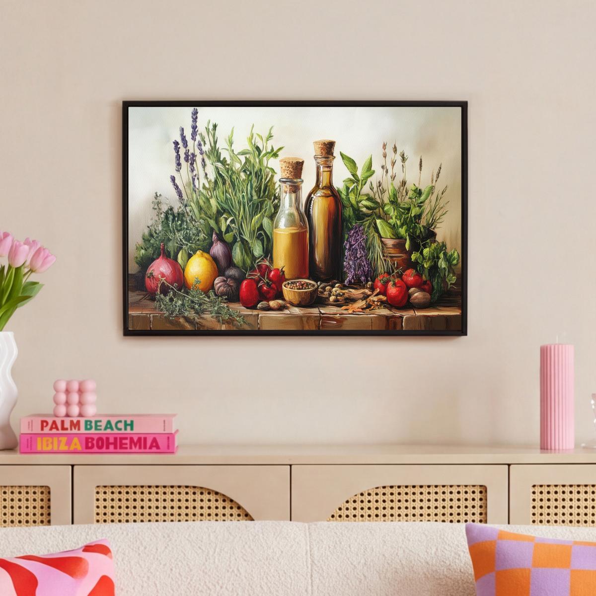 LEINWAND Bilder mit Rahmen - Stilleben - Kräuter - Gewürze - Früchte - Farbenfroh - 60x40 - Grün, Textil (60/40cm) - MuchoWow