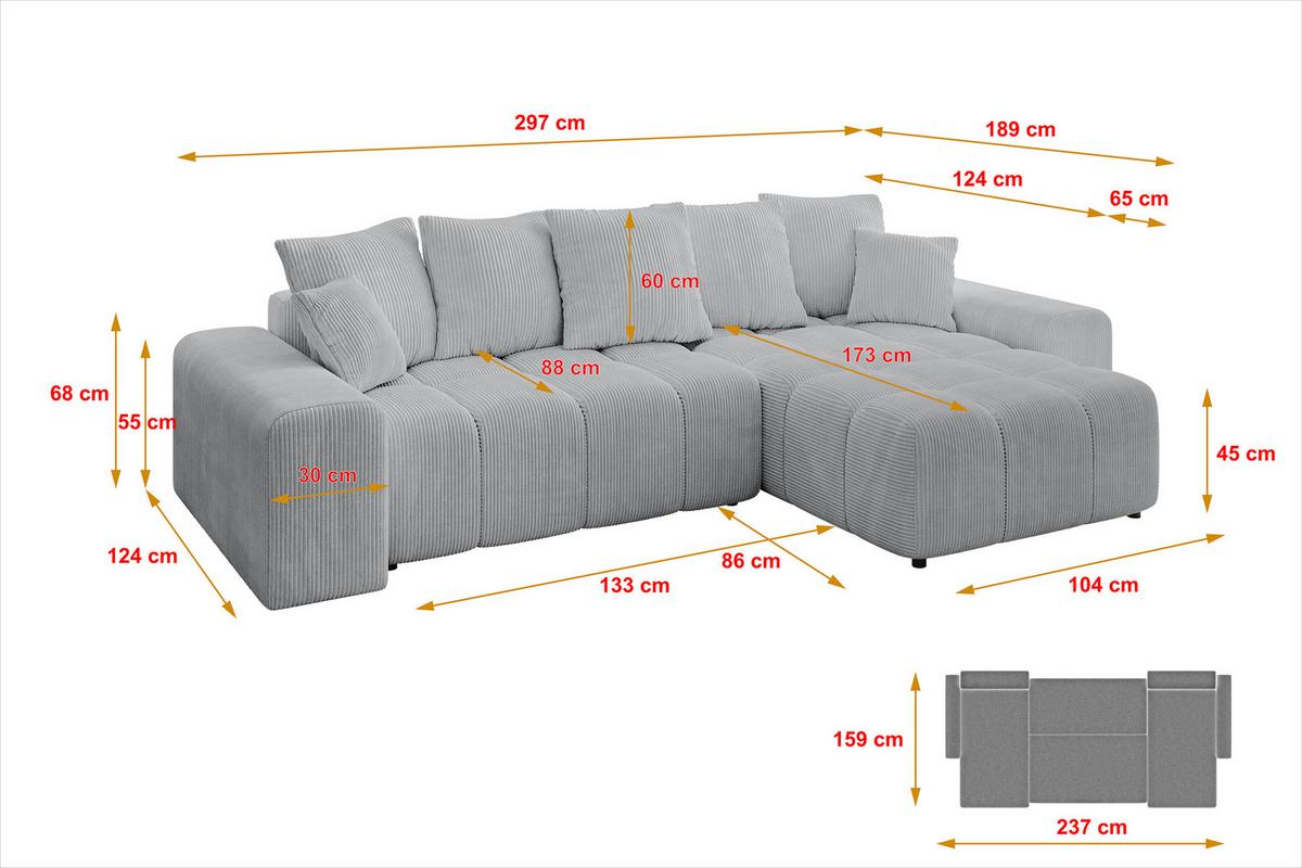 ECKSOFA Ottomane rechts ENIL-L 297x189x68 Grau Cord - Grau, Holzwerkstoff/Kunststoff (189/297cm) - ALTDECOR