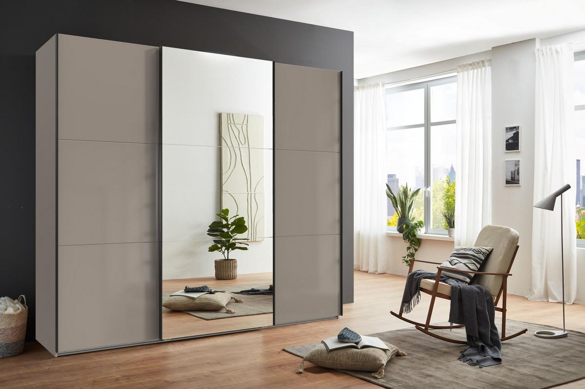 SCHWEBETÜRENSCHRANK 3-türig B250/H216/T65 cm in Sandgrau mit Glasfront, eine Spiegeltür, Kleiderschrank inkl. Vollausstattung / 22034 - Sandfarben/Eichefarben, Holzwerkstoff/Metall (250/216/65cm) - luma-home