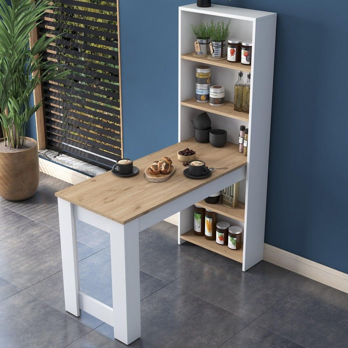 KÜCHENTISCH mit integriertem Regal Weiß und Holzdekor 120/153,6/53,8 cm - Weiß, Holzwerkstoff (53.8/153.6/55.5cm) - Calicosy