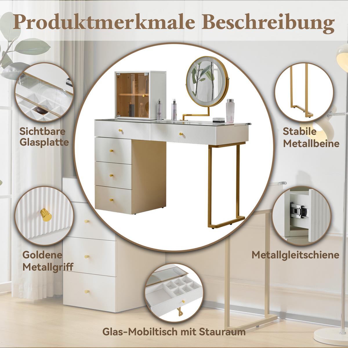 SCHMINKTISCH Weiß mit led-spiegel & glasplatte - Weiß, Holzwerkstoff (120/115/45cm) - Urban Meuble